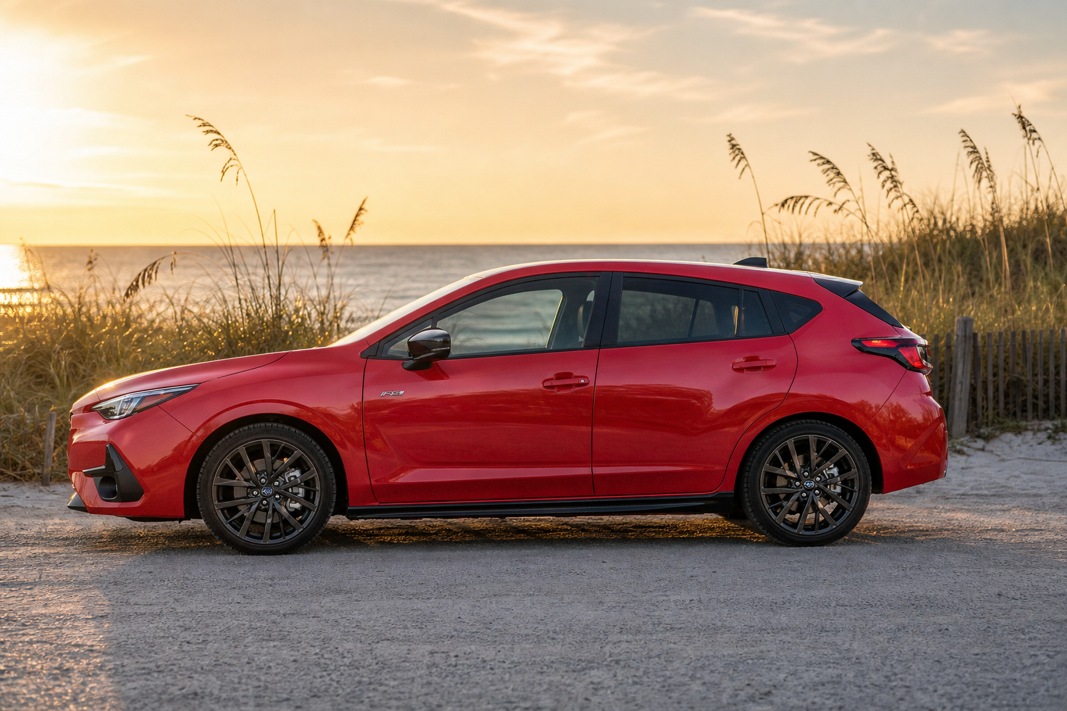 Lone crossover parked on a sandy beach access road at sunset with dunes and sea oats nearby