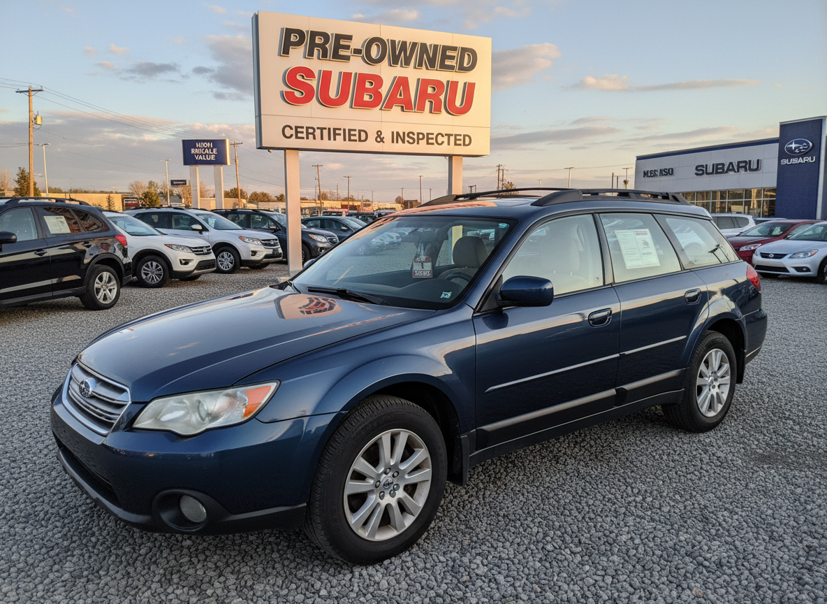 A dark blue pre-owned Subaru Outback parked on a gravel lot at a car dealership under a sunset sky. (Representative image for illustration purposes only. Actual vehicle may vary based on trim and configuration.)