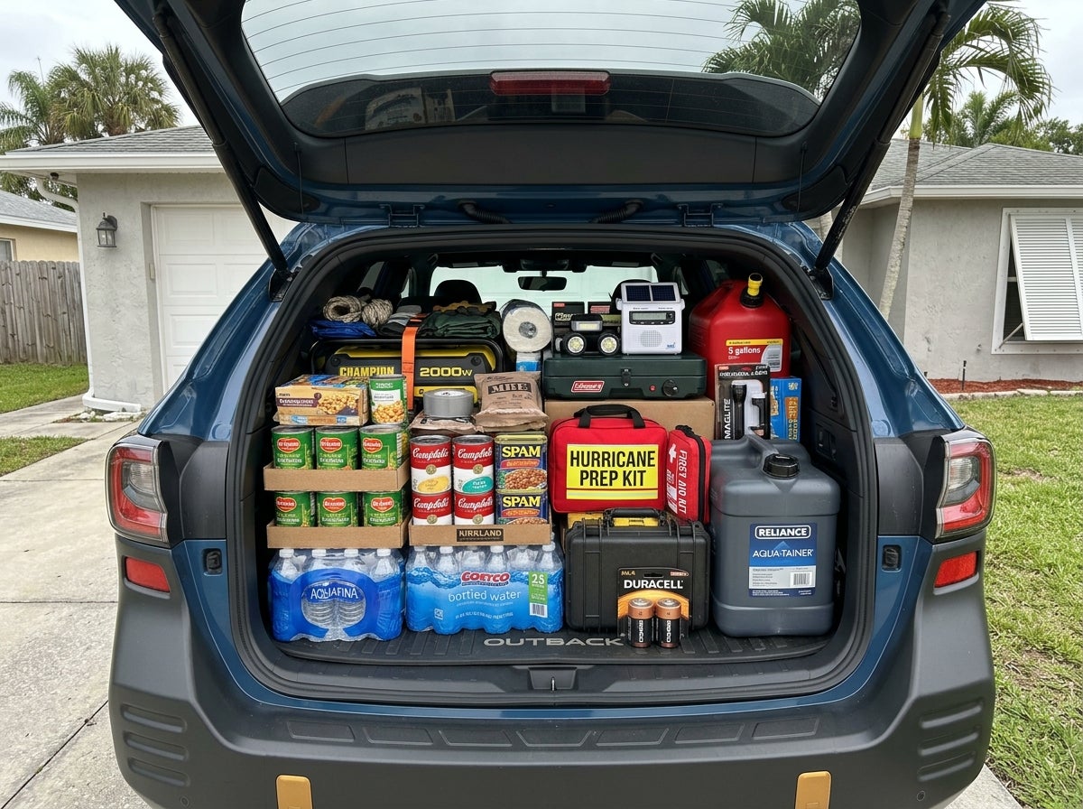 An SUV trunk packed neatly with emergency hurricane supplies, including water, canned food, and a generator. (Representative image for illustration purposes only. Actual vehicle may vary based on trim and configuration.)