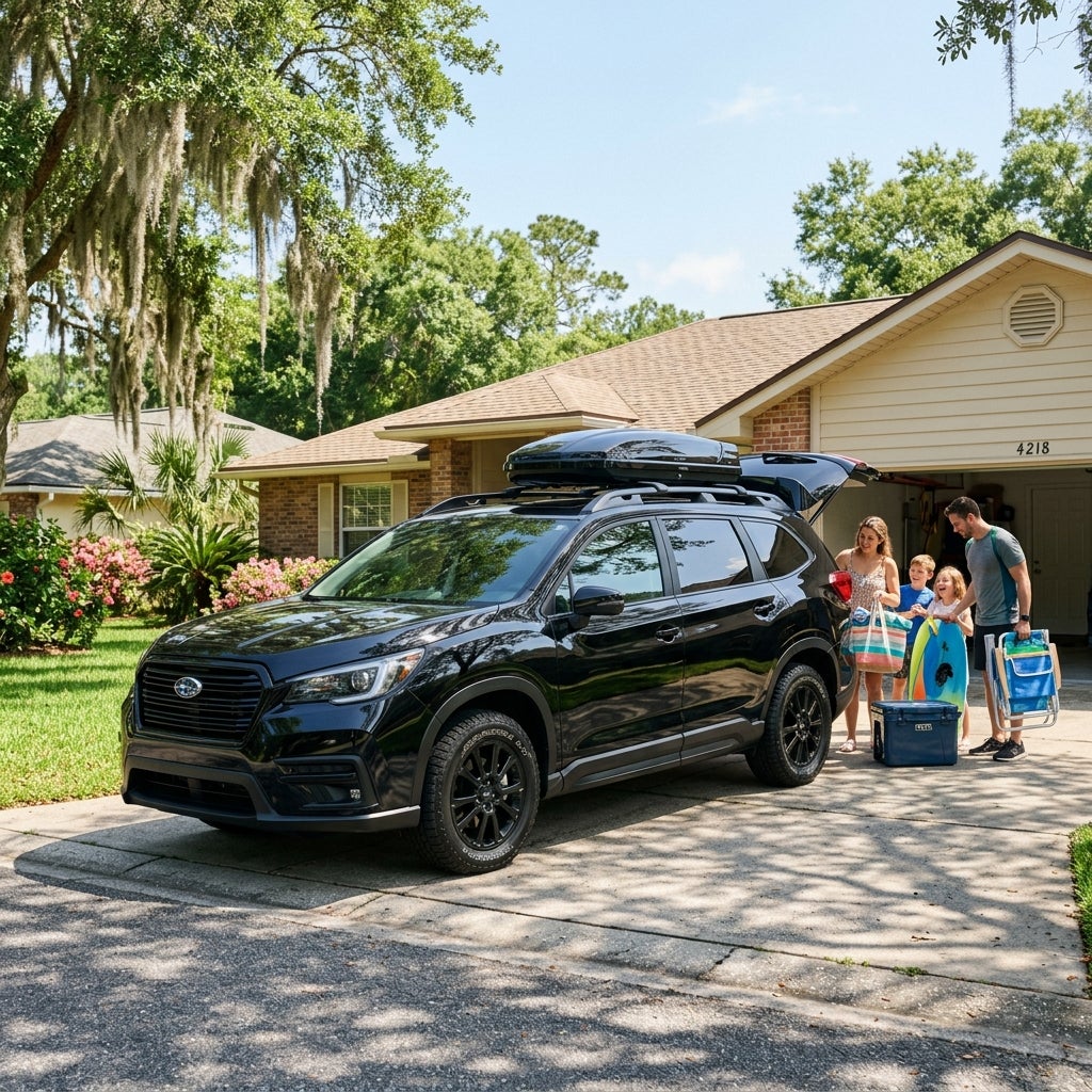 AI generated: Modern 2026 Subaru Ascent, crystal black silica paint, parked in a sun-drenched suburban driveway in Jacksonville, Florida, mid-May morning light, soft shadows from nearby live oaks draped with Spanish moss, a family packing the trunk with coolers and beach gear, lush green lawn, flat 