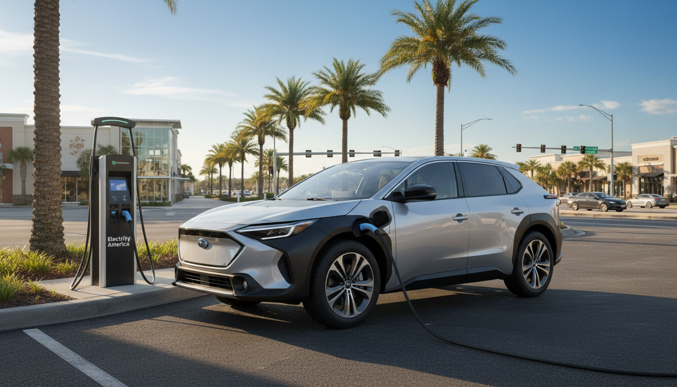 AI generated: A sleek, metallic silver 2026 Subaru Solterra electric SUV is prominently parked and actively charging at a state-of-the-art Electrify America DC fast charging station in a bustling commercial hub of Jacksonville, Florida, its charging cable clearly connected, bathed in warm, bright la