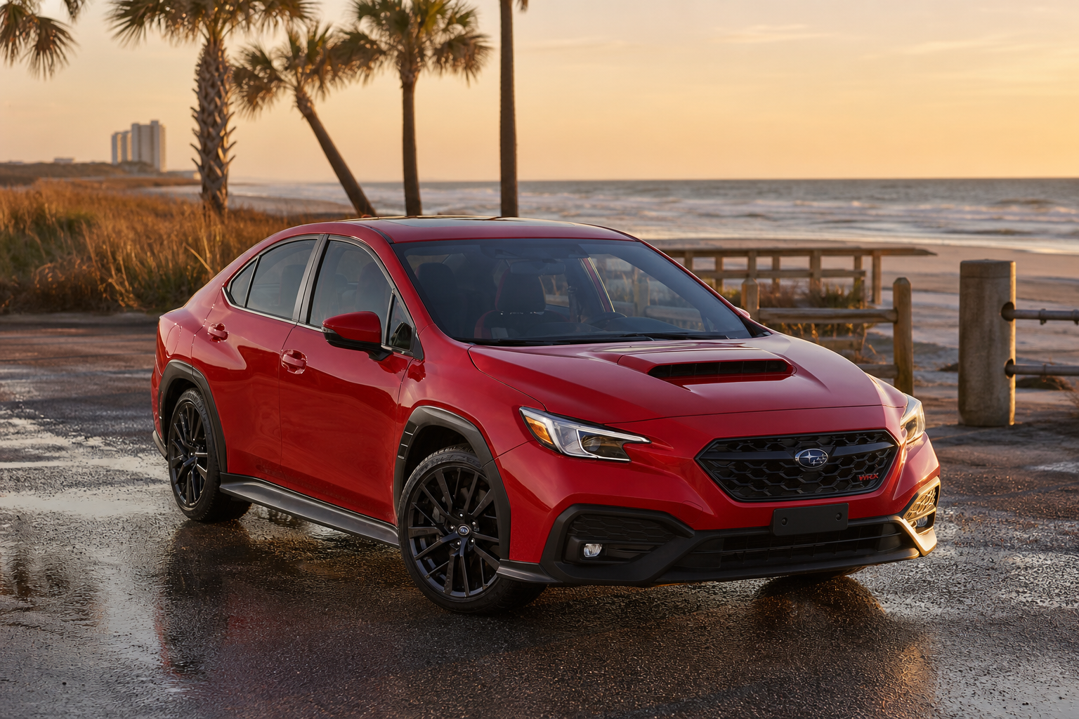 Sporty coupe parked on a sunlit coastal road near a Florida beach access after rain