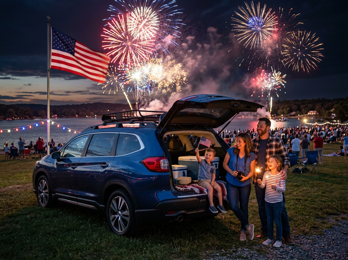 A family celebrating the 4th of July next to their SUV with fireworks exploding over a lake in the background. (Representative image for illustration purposes only. Actual vehicle may vary based on trim and configuration.)