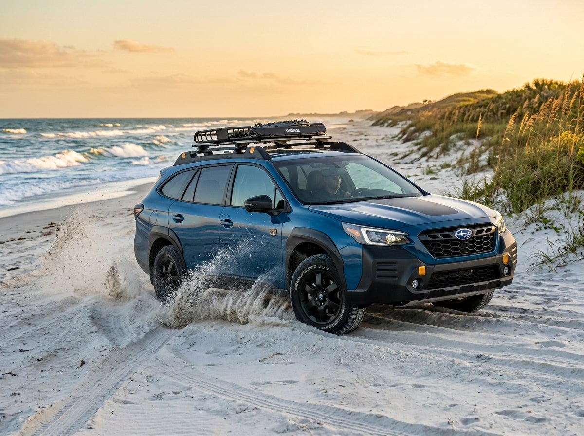 AI generated: Professional automotive photography, a modern Subaru Outback Wilderness navigating the soft white sands of Ponte Vedra Beach, Florida, low-angle tracking shot, 3/4 front view, golden hour lighting, warm sunlight reflecting off the vehicle's metallic Geyser Blue paint, coastal sea oats 