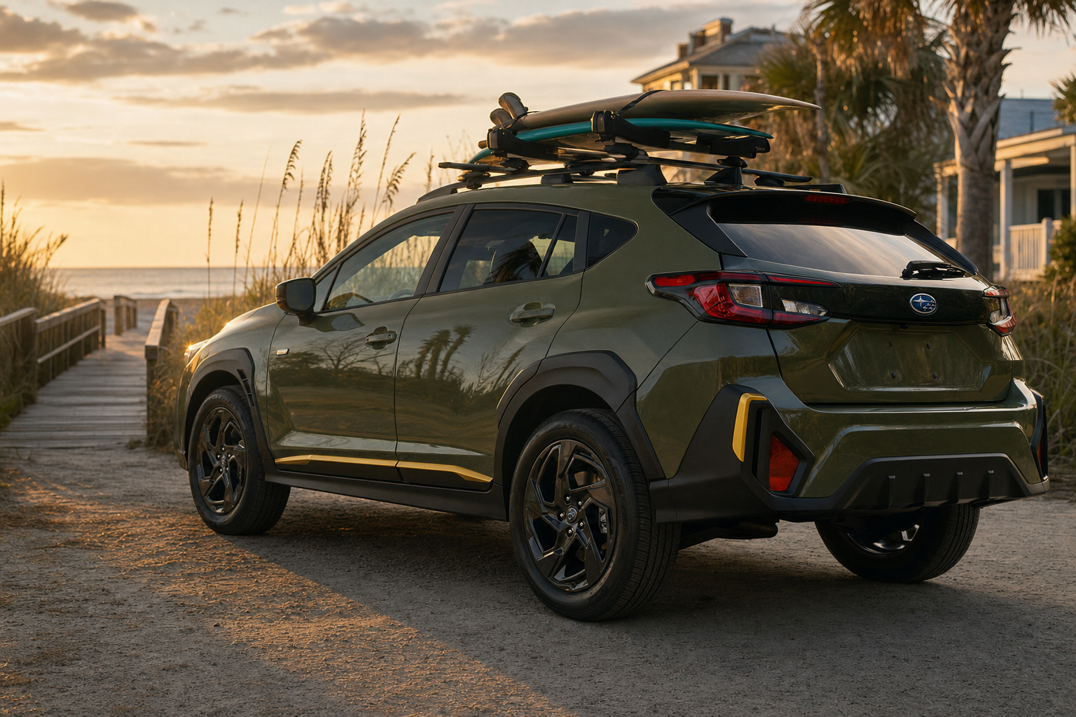Compact SUV parked on a sandy Jacksonville beach access road at sunset near dune grass