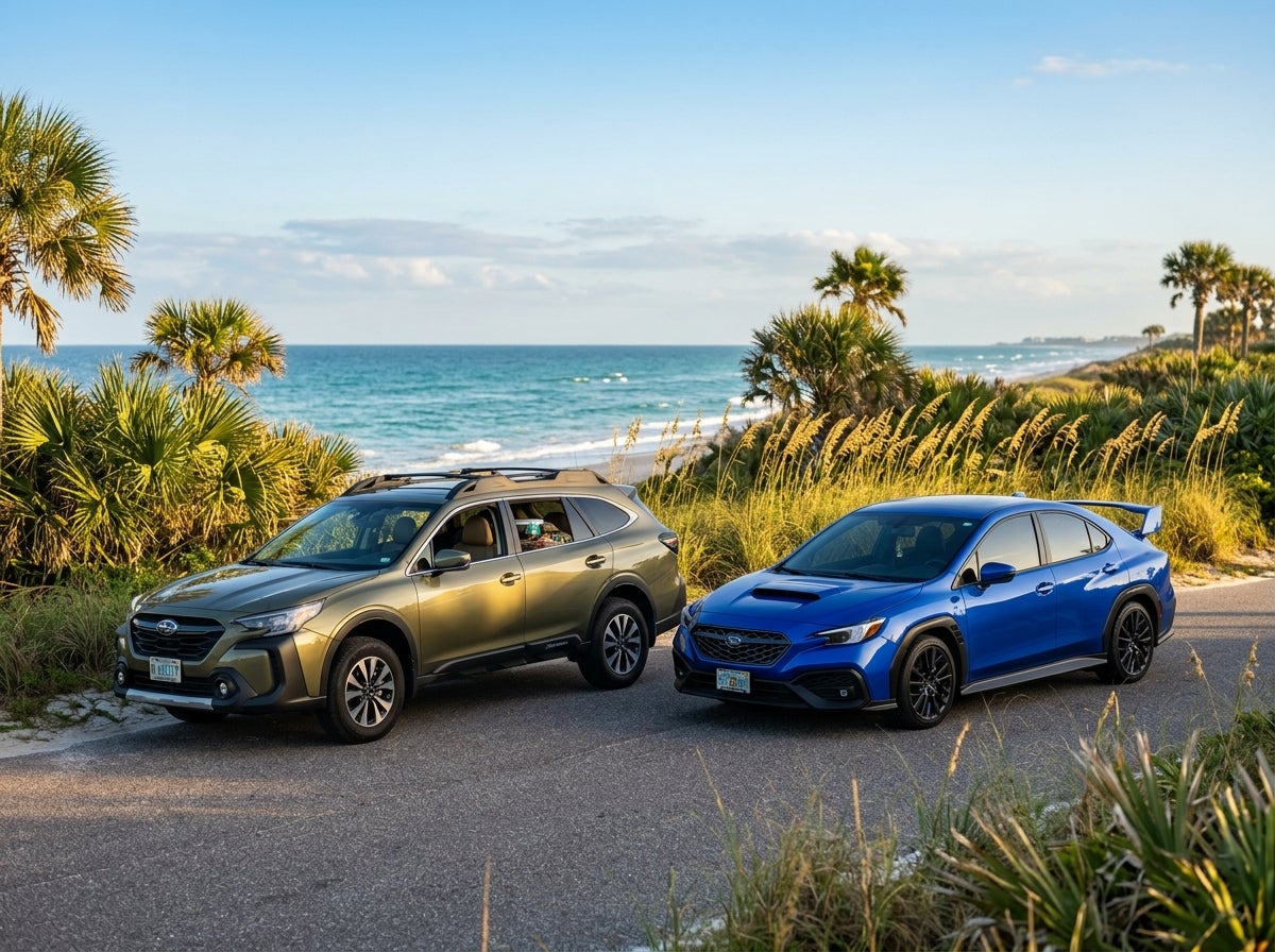AI generated: A cinematic, photorealistic wide shot of two Subaru vehicles parked side-by-side on a scenic coastal road in North Florida, a rugged Autumn Green Subaru Outback positioned next to a sleek World Rally Blue Subaru WRX, representing the balance of family utility and spirited performance, 
