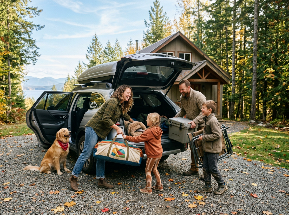 A family of four packs up their SUV with camping gear in front of a rustic cabin in the woods, accompanied by their golden retriever. (Representative image for illustration purposes only. Actual vehicle may vary based on trim and configuration.)