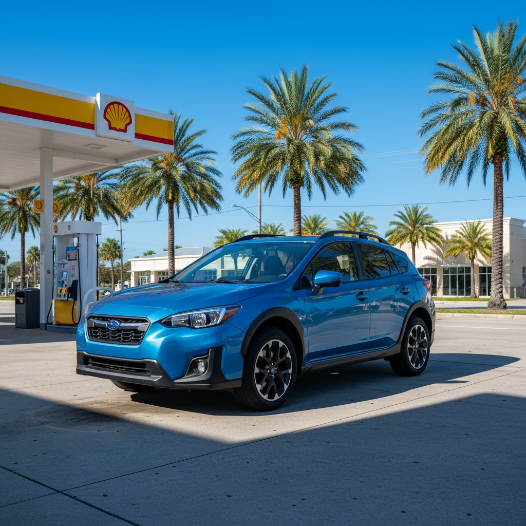 A sleek, modern 2026 Subaru Crosstrek in a vibrant metallic blue sits confidently in a sun-drenched, well-maintained suburban gas station in Jacksonville, Florida. The car is the clear focal point, captured in a dynamic mid-shot from a slightly low angle, emphasizing its capable stance and stylish d