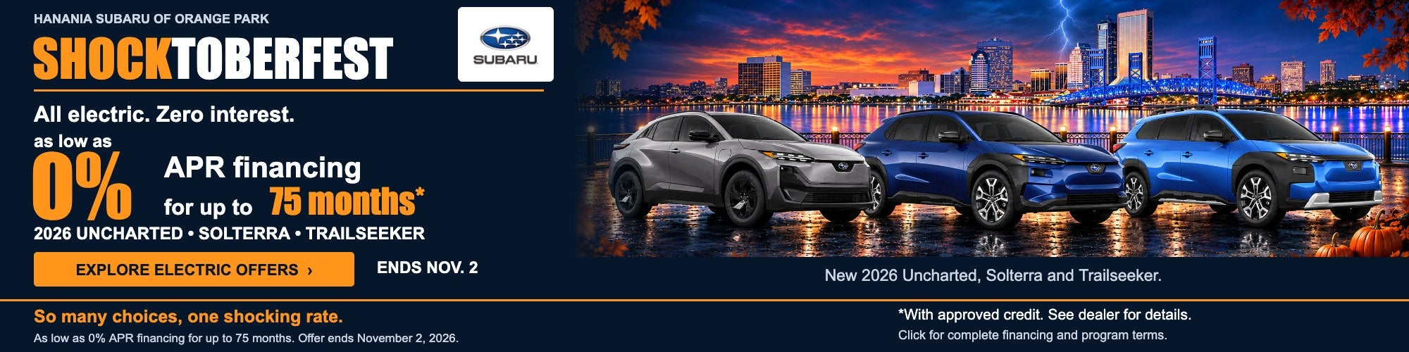 Shocktoberfest electric offer: As low as 0% APR financing for up to 75 months. Ends November 2, 2026. Click for full terms.
