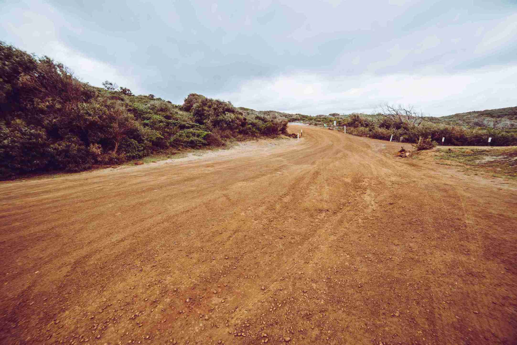 A wide, dusty dirt road curves through a landscape of lush green shrubs under a cloudy sky, conveying a sense of calm and open wilderness.