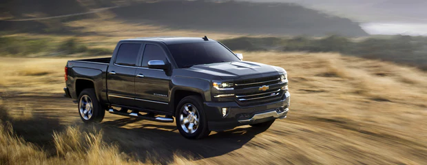 A black pickup truck drives through a sunny, grassy landscape. The vehicle conveys power and adventure, moving confidently on a dirt path.