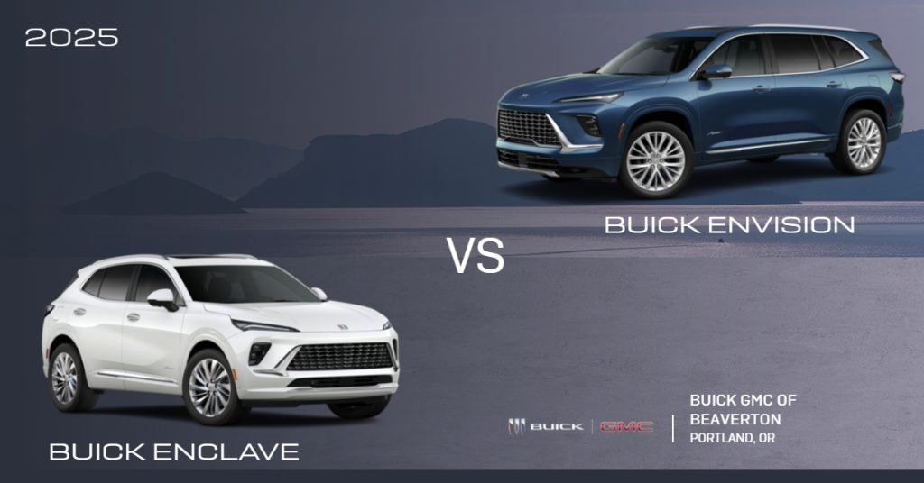 A comparison image featuring the 2025 Buick Enclave (left) and Buick Envision (right), showcasing both SUVs with a scenic backdrop.