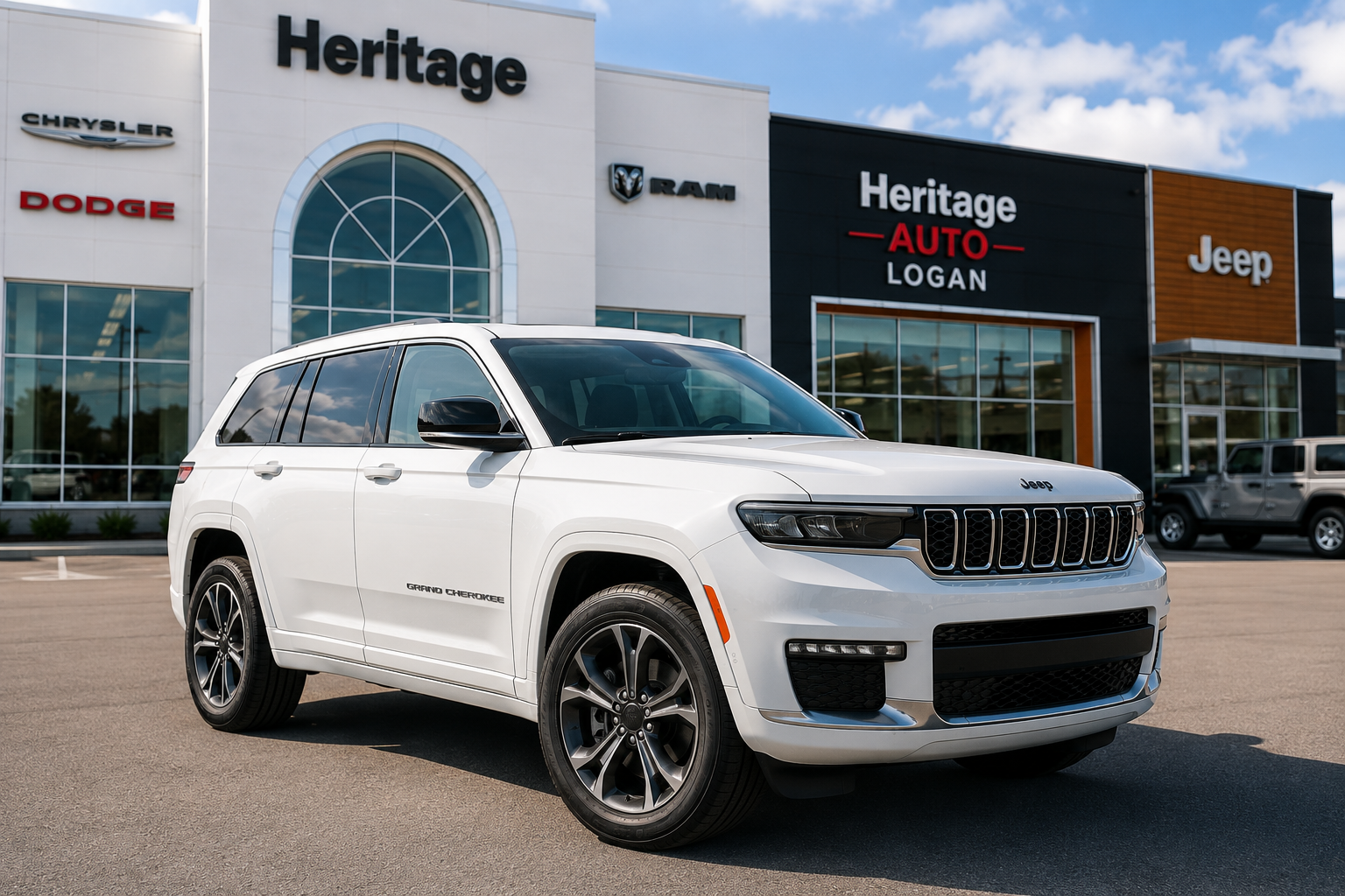 White Jeep Grand Cherokee parked in front of Heritage Auto Logan Chrysler Dodge Jeep Ram dealership in Logan, Utah.