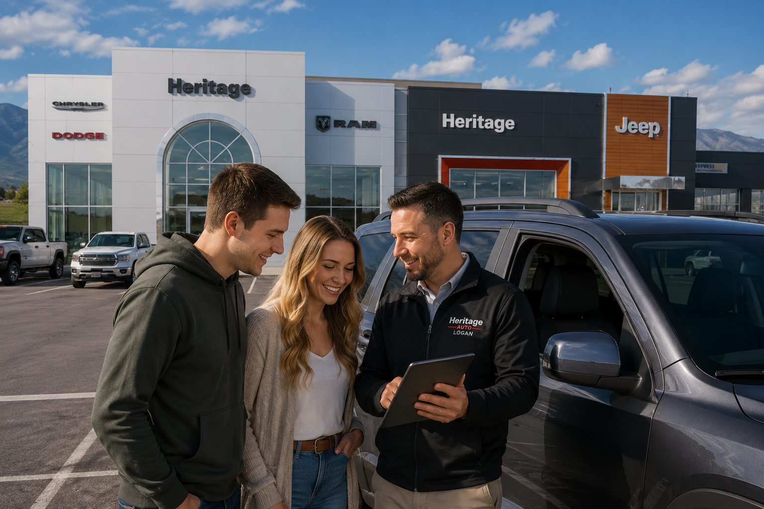 Heritage Auto Logan sales consultant reviewing a used SUV with customers outside the Heritage Chrysler Dodge Jeep Ram dealership in Logan, Utah.