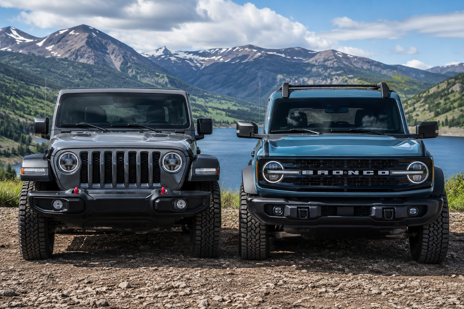 2026 Jeep Wrangler parked beside a 2026 Ford Bronco at a scenic overlook in northern Utah, comparing two popular off-road SUVs.