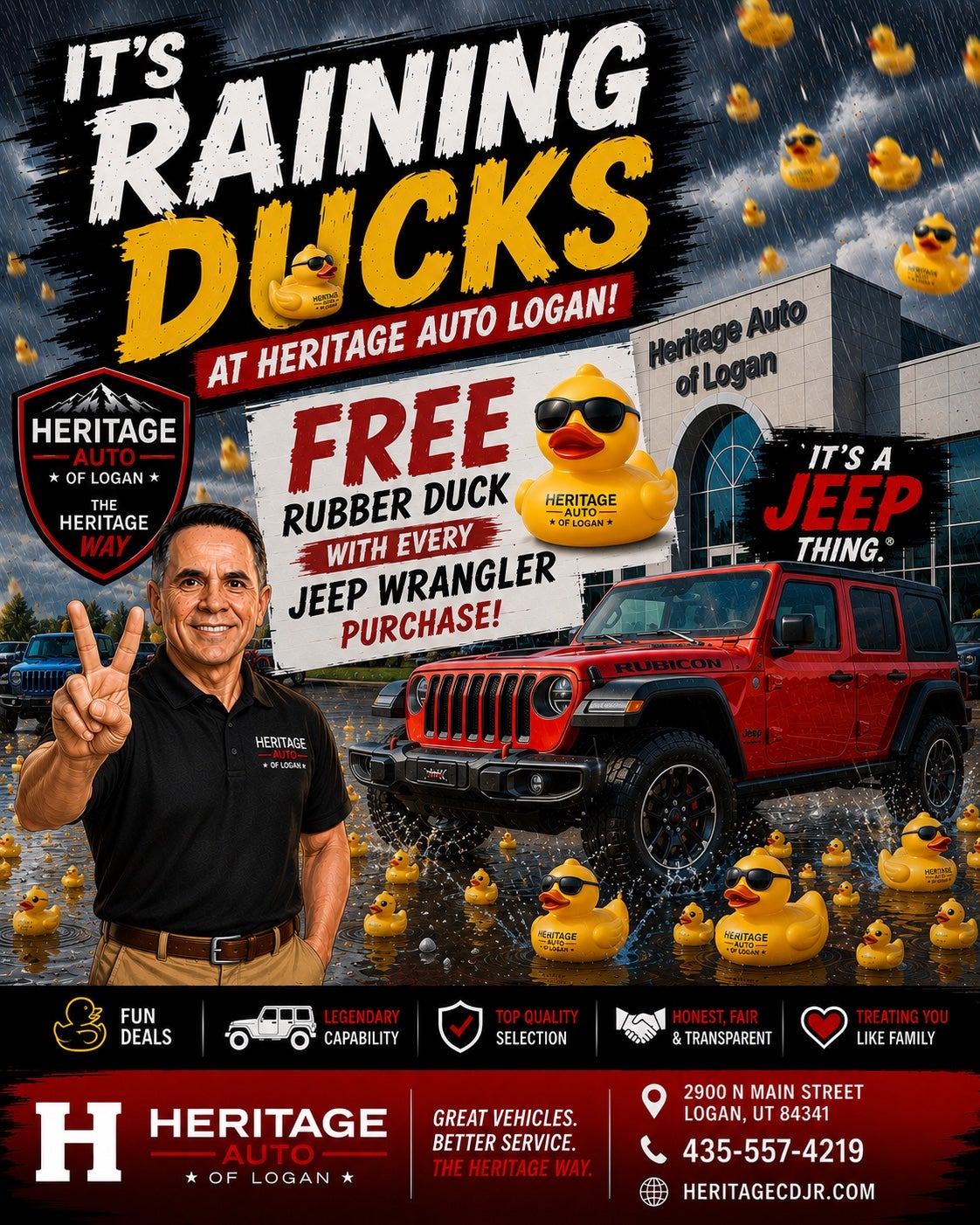 Red Jeep Wrangler surrounded by Heritage Auto Logan rubber ducks celebrating the Jeep community, Jeep Wave, and ducking tradition.