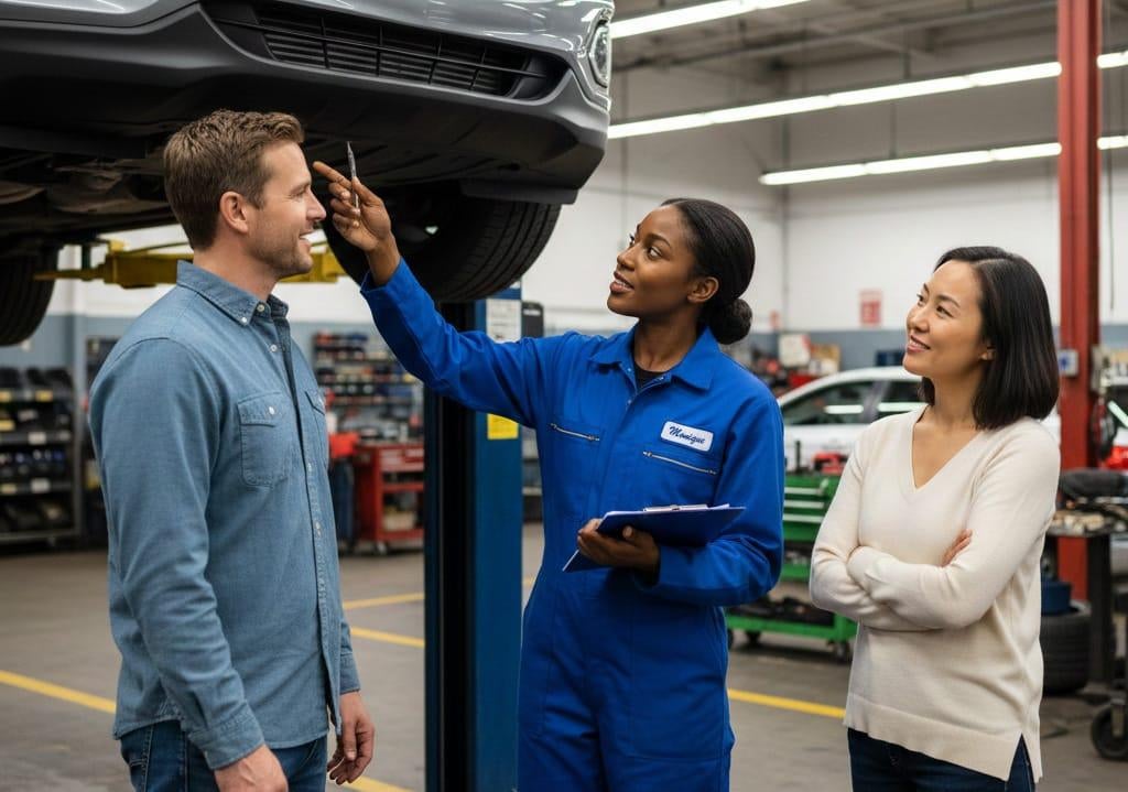 Certified technician performing a multi-point inspection on a late-model used vehicle while a customer observes at a dealership.
