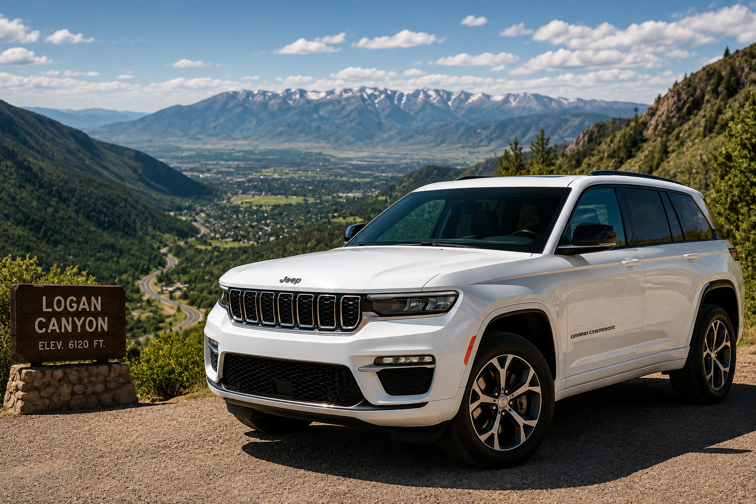 Jeep Grand Cherokee overlooking Logan Canyon near Cache Valley, Utah, highlighting Jeep's legendary four-wheel drive capability.