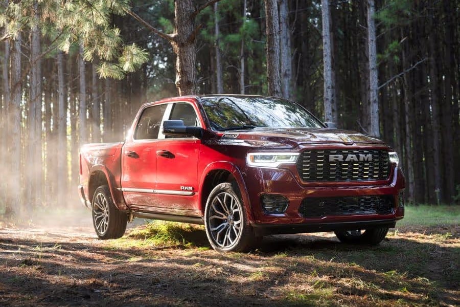Ram 1500 parked in the woods in the morning