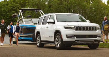 Jeep Wagoneer pulling a boat