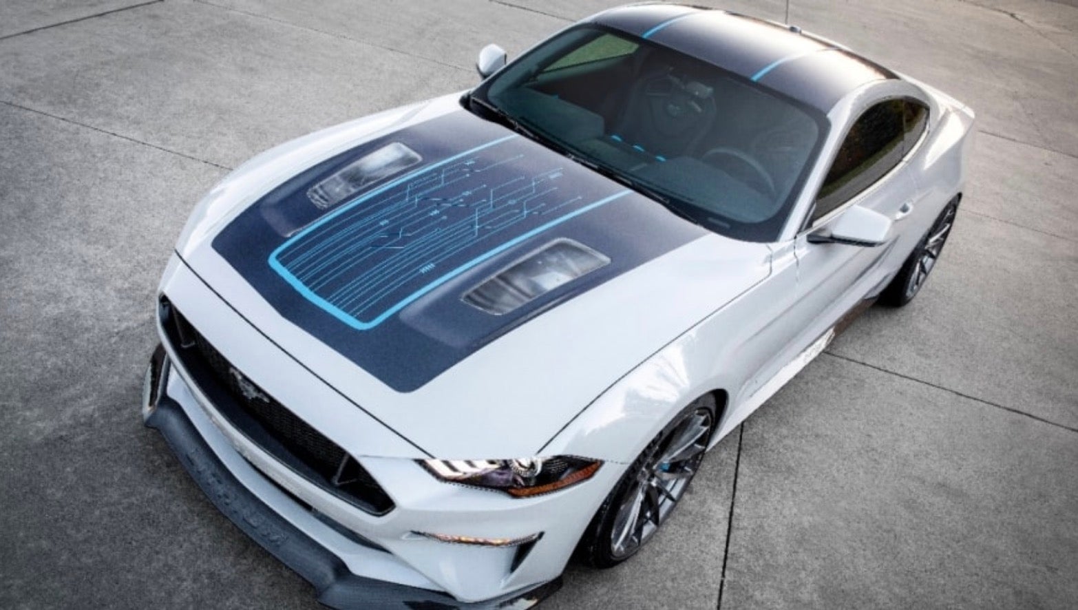 birds eye view of all electric Mustang