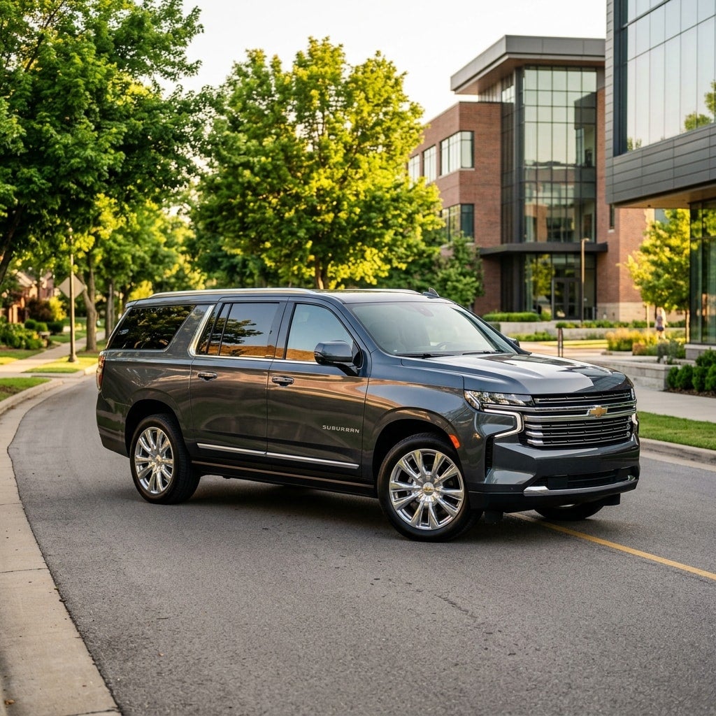 2026 Chevrolet Suburban in dark metallic slate, parked on a clean suburban street in Bentonville Arkansas
