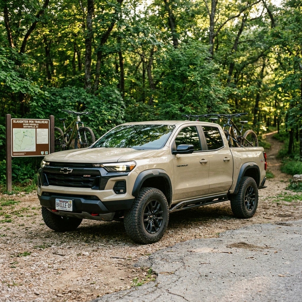 three-quarter view of a 2026 Chevrolet Colorado midsize pickup truck in bentonville ar ozarks