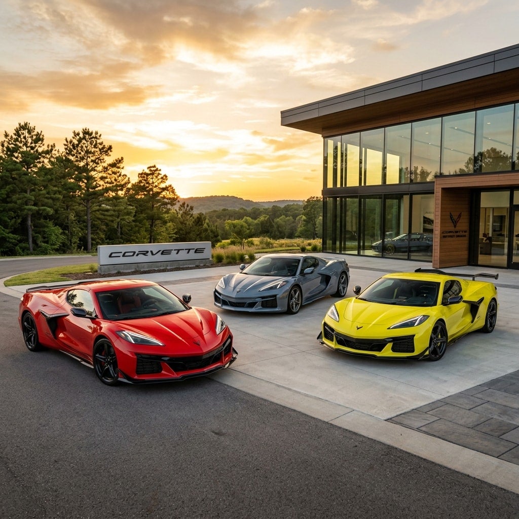 three new 2026 Chevrolet Corvettes lineup parked outside springdale street in northwest arkansas
