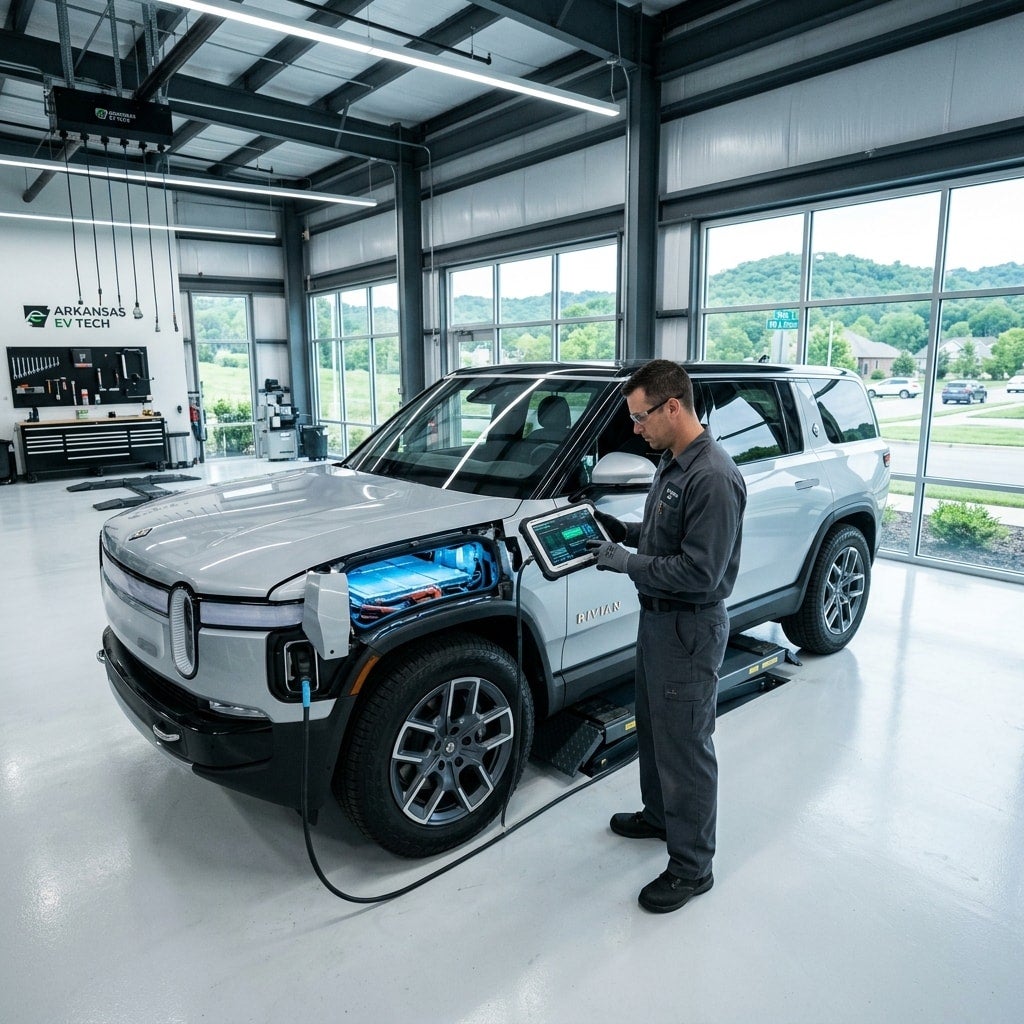 electric vehicle EV SUV mechanic performing repair service in northwest arkansas
