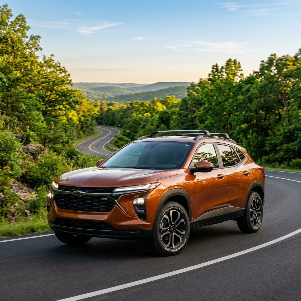 2026 Chevrolet Trailblazer compact SUV driving on the NWA roads front 3/4 view in bentonville ar