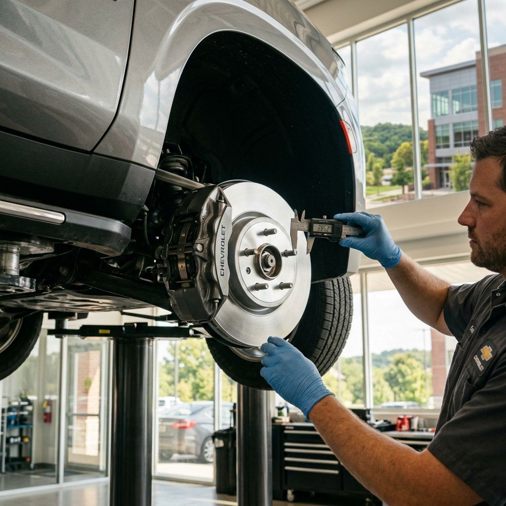 Chevrolet SUV on dealership lift getting brakes changed by a mechanic in bentonville