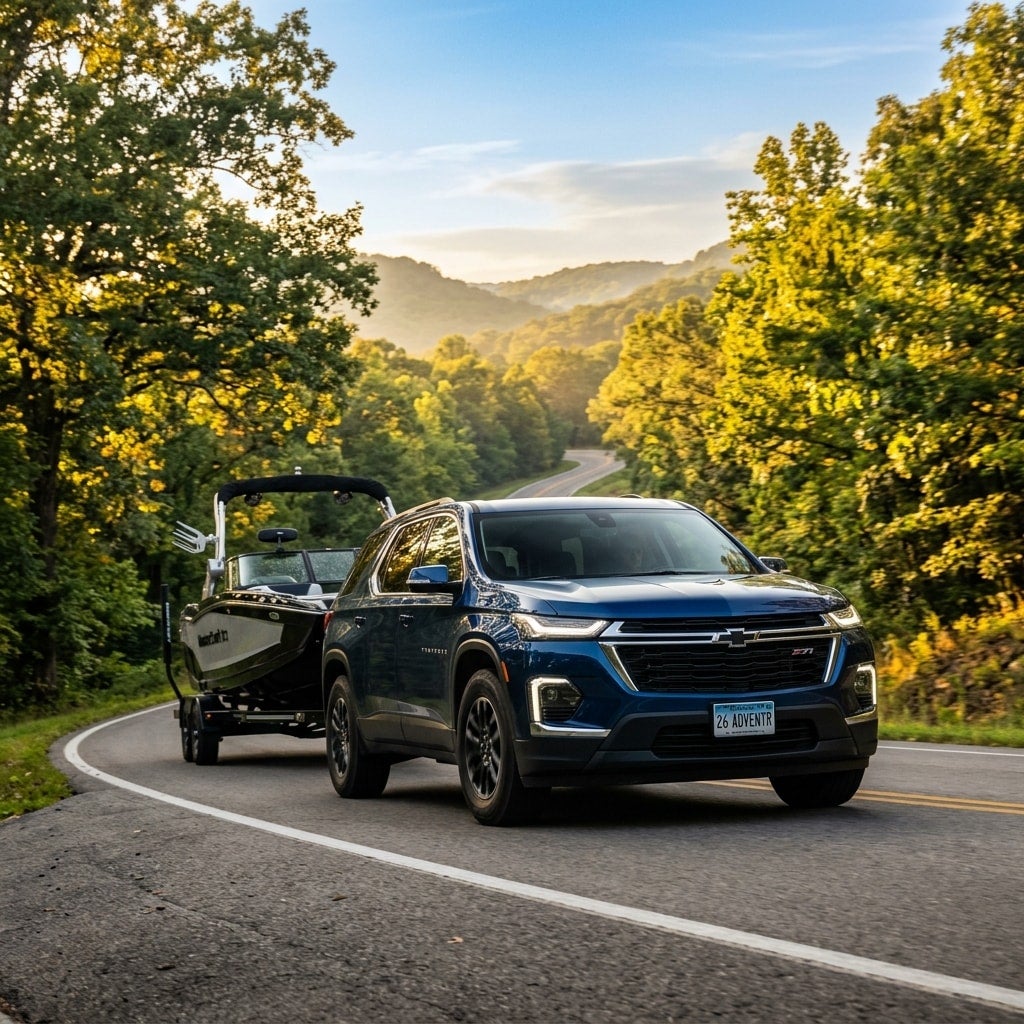 front view of a new chevy traverse towing a boat up a tree lined road in northwest arkansas