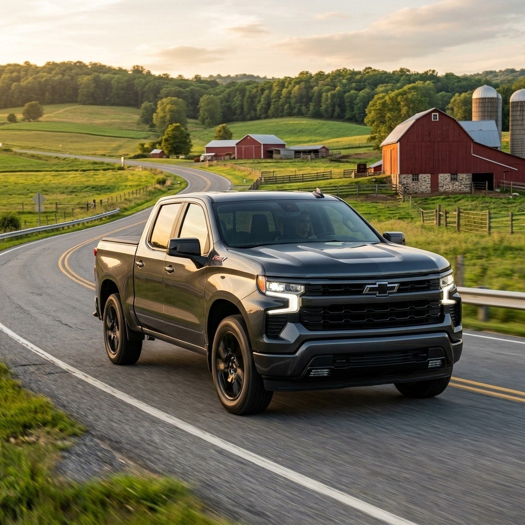 2026 Chevrolet Silverado 1500 RST front view driving on back road in allentown