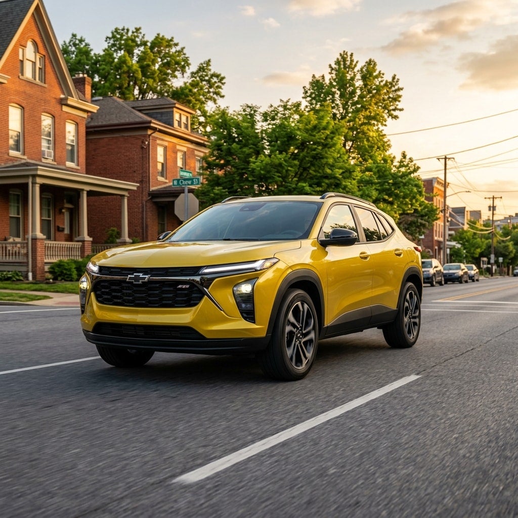 2026 Chevrolet Trax in a vibrant metallic yellow driving in allentown.jpeg