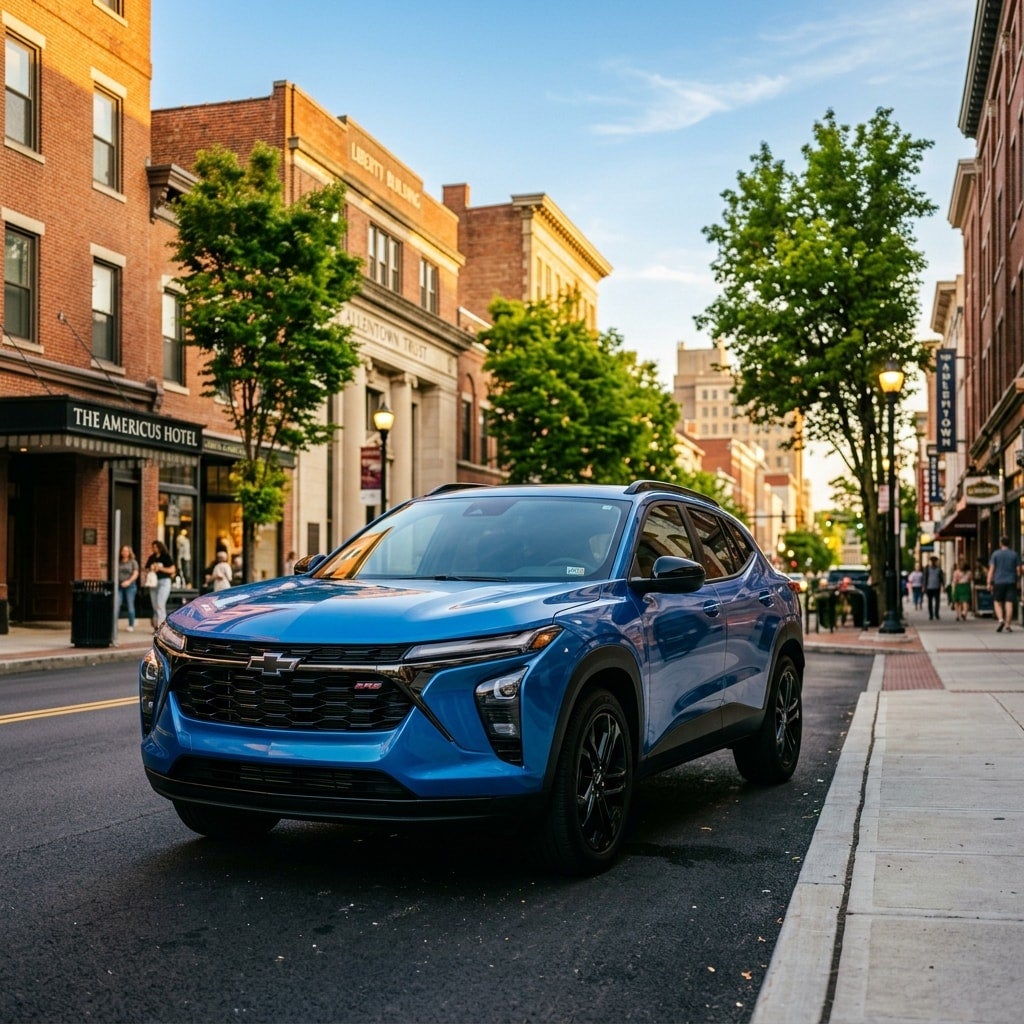 front side angle view of a 2026 Chevrolet Trax compact SUV parked on a clean street in downtown Allentown Pennsylvania