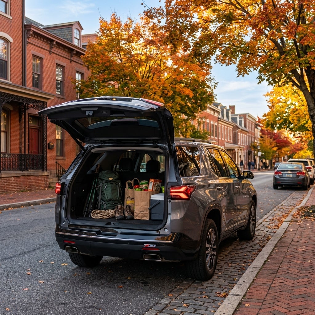 2026 Chevrolet Traverse midsize SUV parked in allentown with trunk open showing cargo space