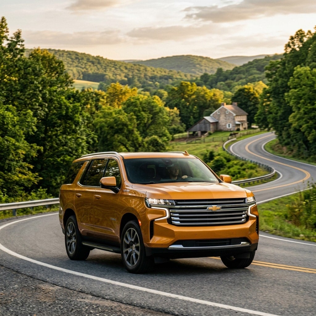 orange 2026 Chevrolet Tahoe front corner angle on road in reading pa