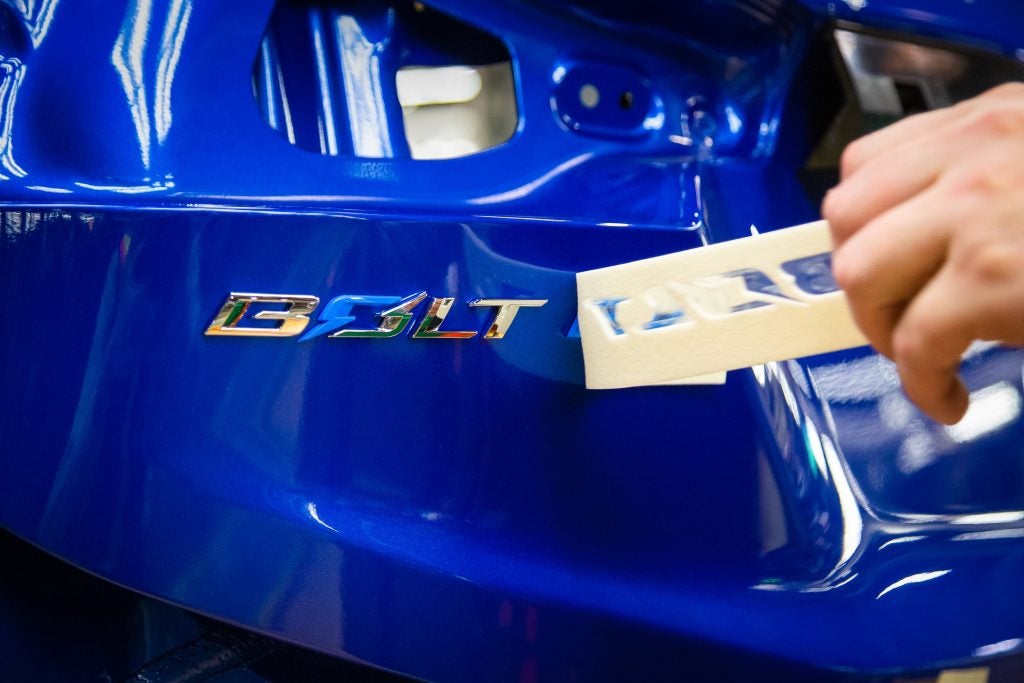 Close-up view of the Chevrolet Bolt nameplate. 