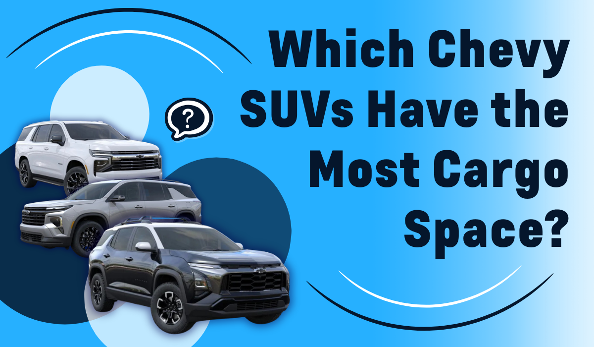 Graphic asking “Which Chevy SUVs Have the Most Cargo Space?” featuring three Chevrolet SUVs on a blue background.