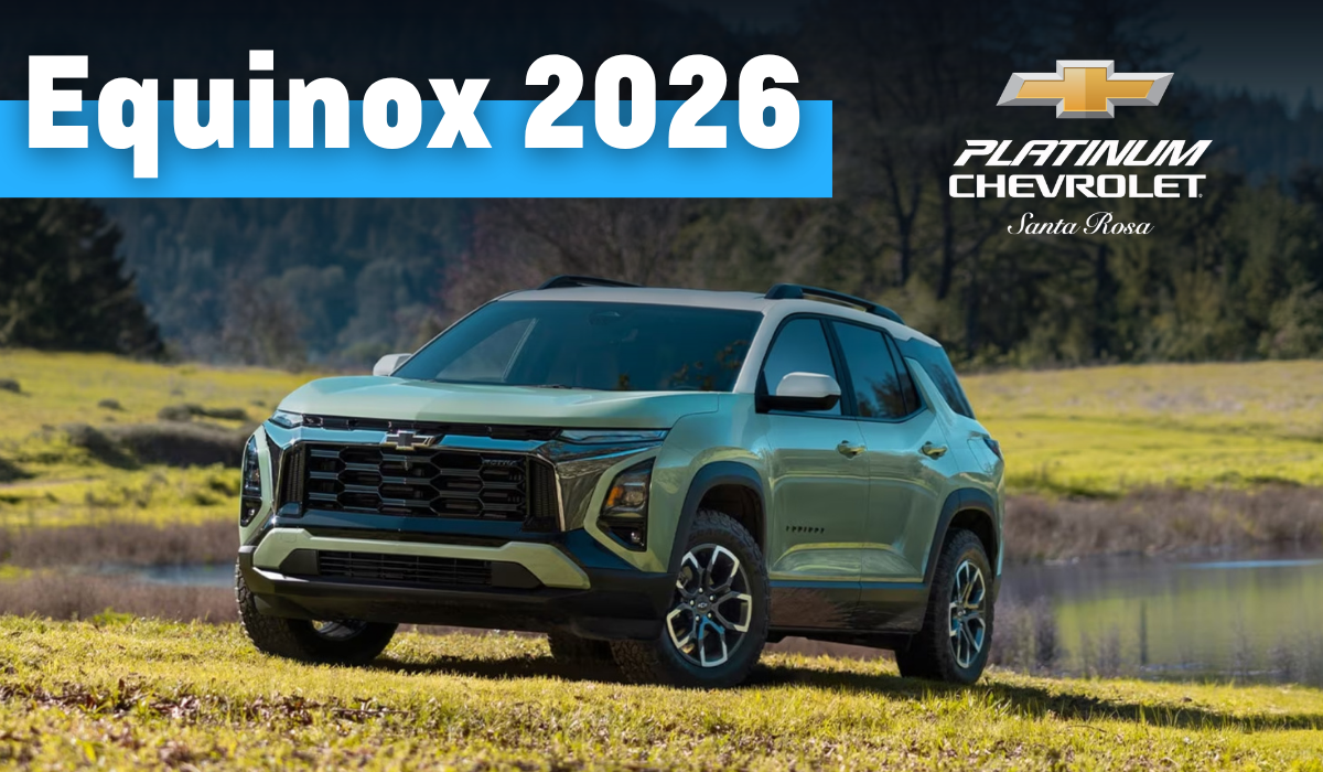 2026 Chevrolet Equinox parked outdoors near a scenic lake and grassy field, featuring bold SUV styling and Platinum Chevrolet Santa Rosa branding.