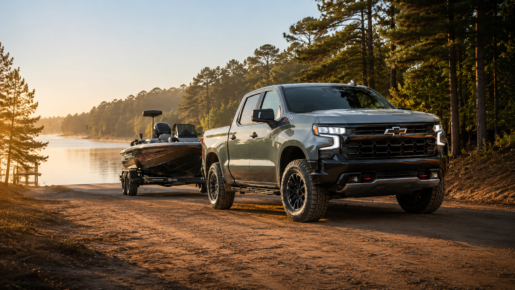 Silver 2026 Chevy Silverado towing a bass boat on a red clay road near a Georgia lake at golden hour.