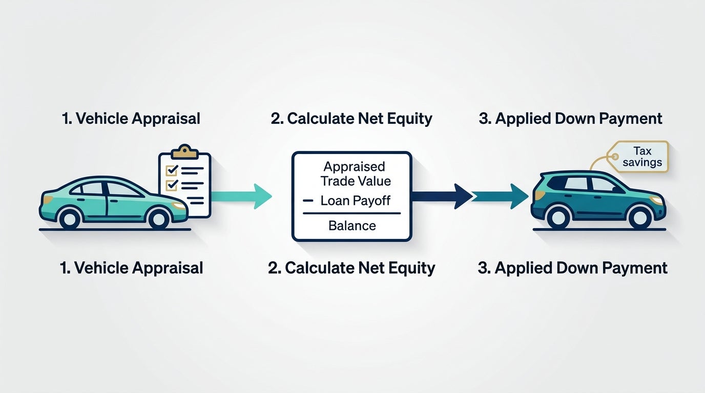 Infographic detailing car trade-in steps: vehicle appraisal, net equity calculation, and applied down payment. (Representative image for illustration purposes only. Actual vehicle may vary based on trim and configuration.)