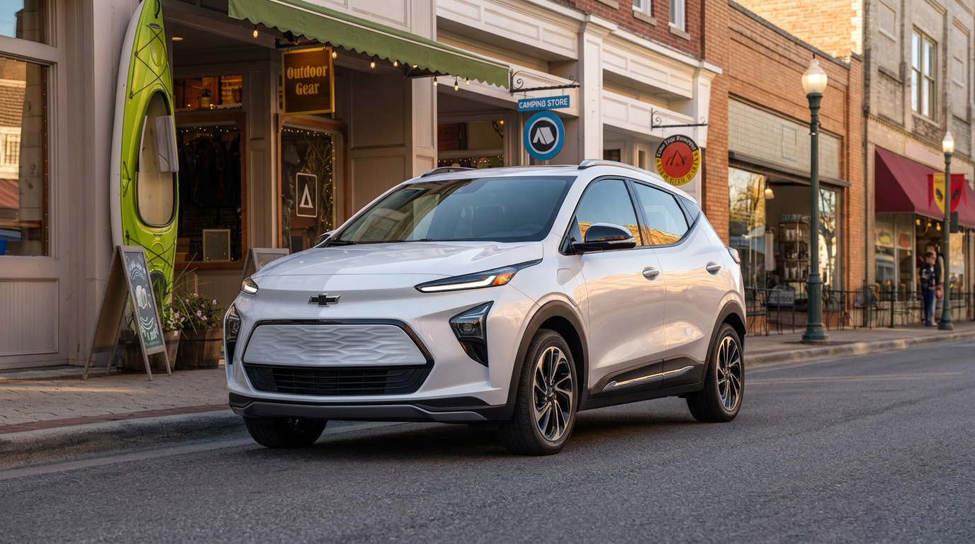 A white Chevrolet Bolt EUV parked on a quaint main street in front of local shops. (Representative image for illustration purposes only. Actual vehicle may vary based on trim and configuration.)