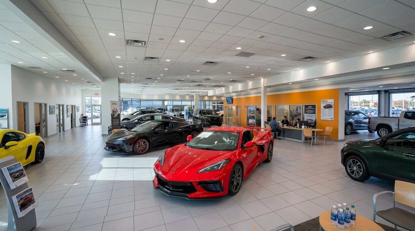 A spacious car dealership showroom featuring a bright red Corvette in the center and other luxury vehicles on display. (Representative image for illustration purposes only. Actual vehicle may vary based on trim and configuration.)