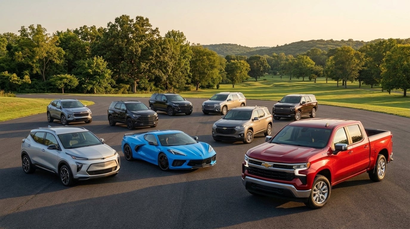 A fleet of modern Chevrolet vehicles, including a red pickup truck, a blue Corvette sports car, and several SUVs. (Representative image for illustration purposes only. Actual vehicle may vary based on trim and configuration.)