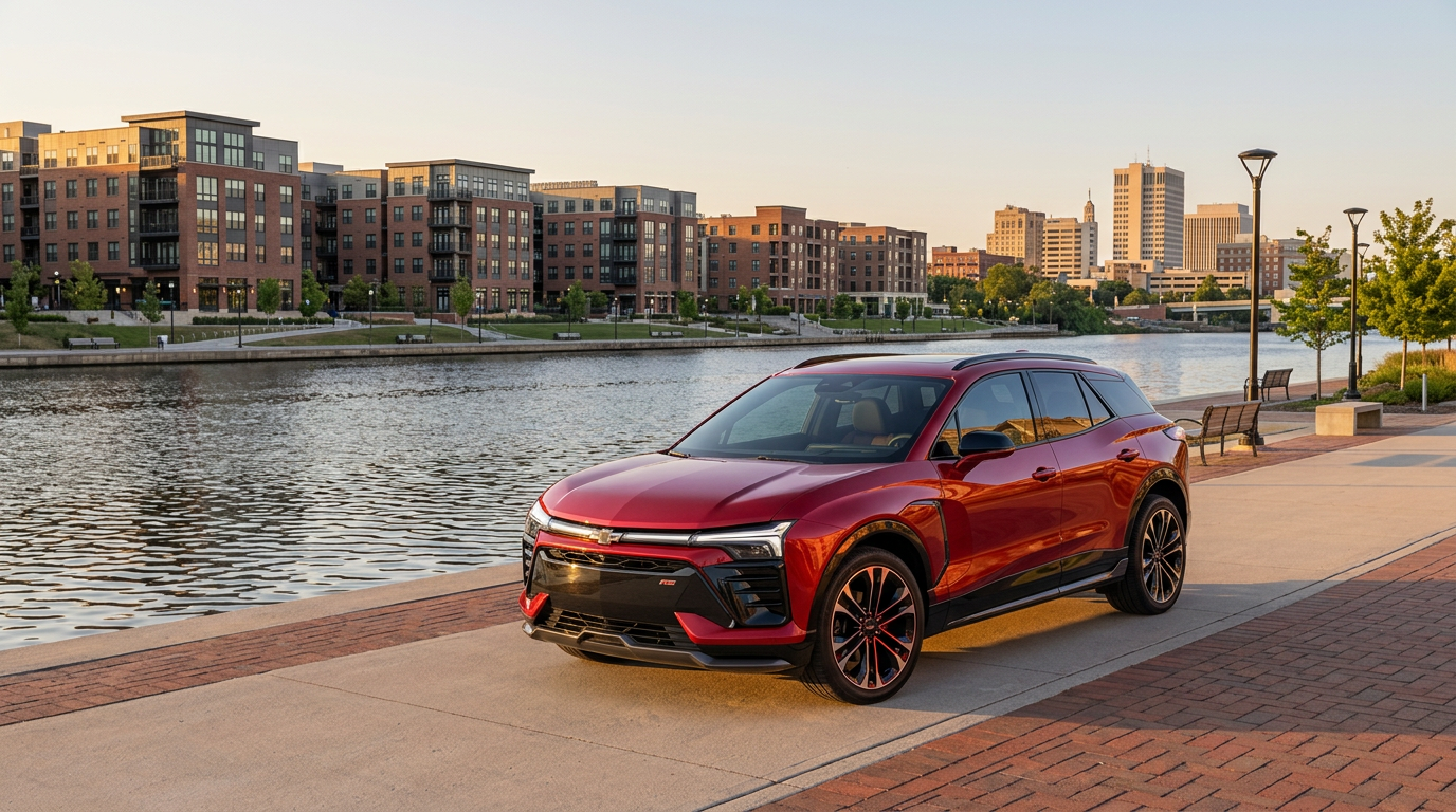 A modern metallic red Chevrolet Blazer EV parked on a paved riverfront walkway at sunset. (Representative image for illustration purposes only. Actual vehicle may vary based on trim and configuration.)