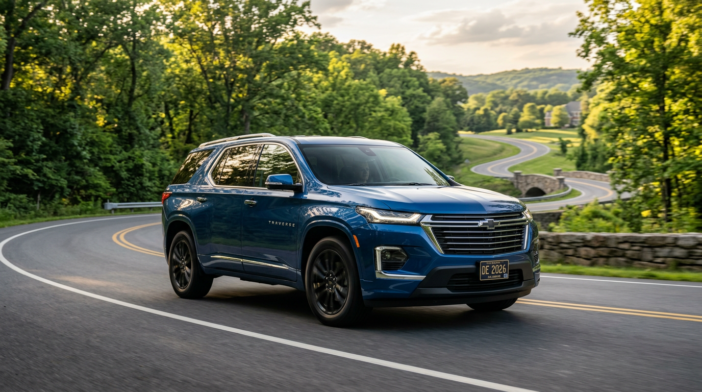 Blue Chevrolet Traverse SUV driving on a winding mountain road surrounded by green trees.