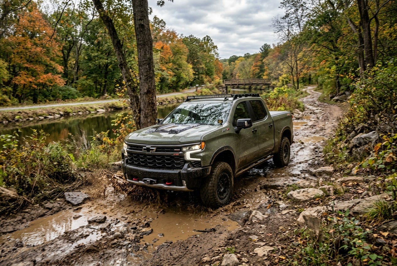 AI generated: 2026 Silverado ZR2 navigating a rugged off-road trail in Delaware canal