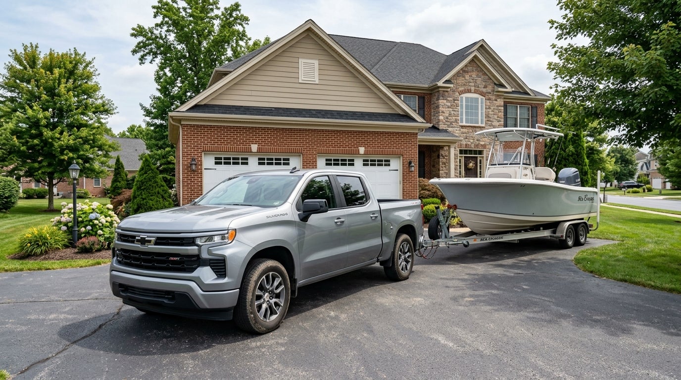Silver Chevrolet Silverado truck towing a boat on a trailer in a suburban driveway. (Representative image for illustration purposes only. Actual vehicle may vary based on trim and configuration.)