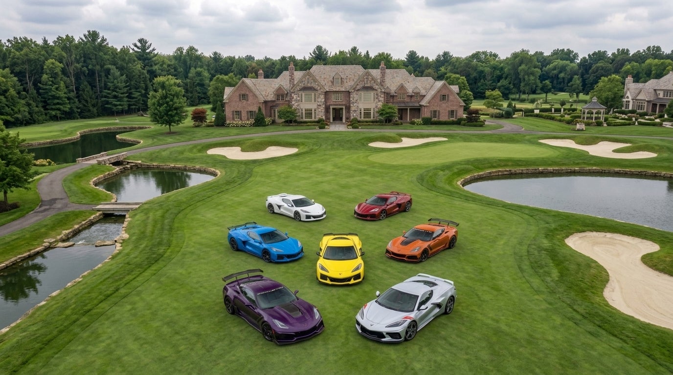 Seven colorful Chevrolet Corvettes arranged on a lush golf course lawn in front of a grand stone mansion. (Representative image for illustration purposes only. Actual vehicle may vary based on trim and configuration.)
